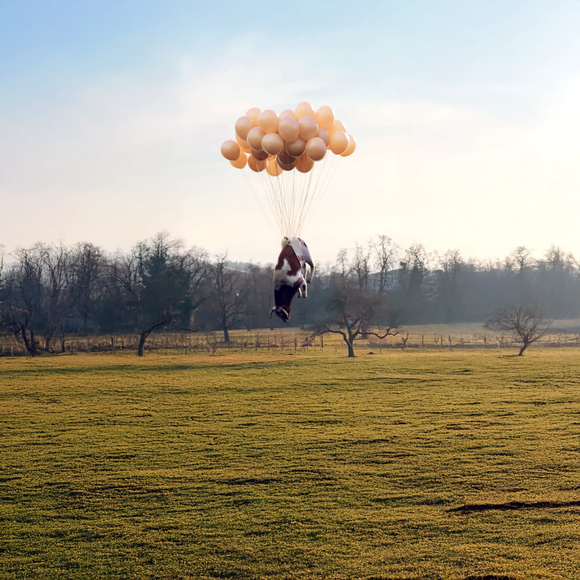 Mixed reality scene with a live action landscape and a floating 3D character carried by balloons, from Marco Mori’s surreal hybrid visual experiments