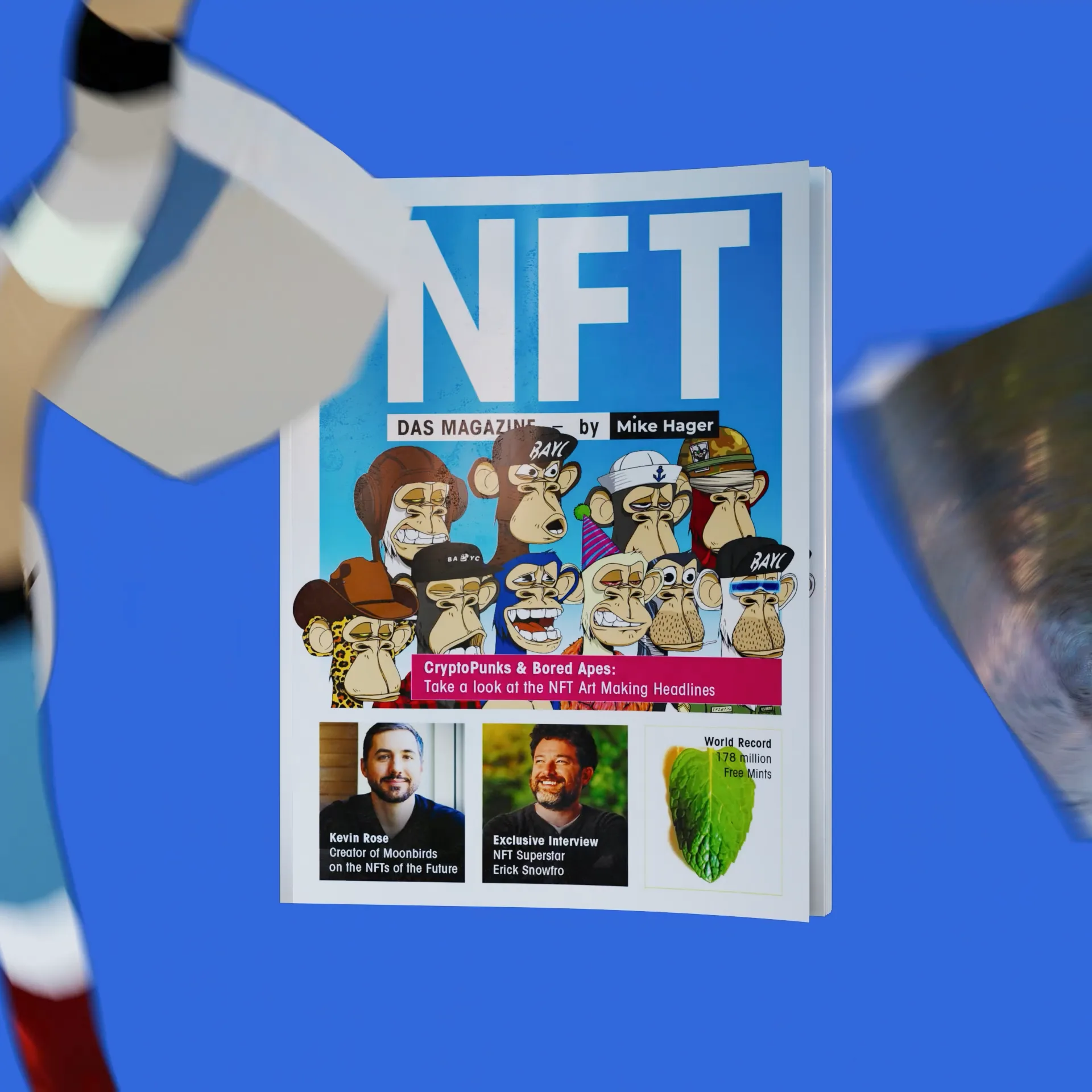 3D animated cover design for NFT Magazine featuring Bored Ape illustrations, created for a Web3-native editorial project by Marco Mori