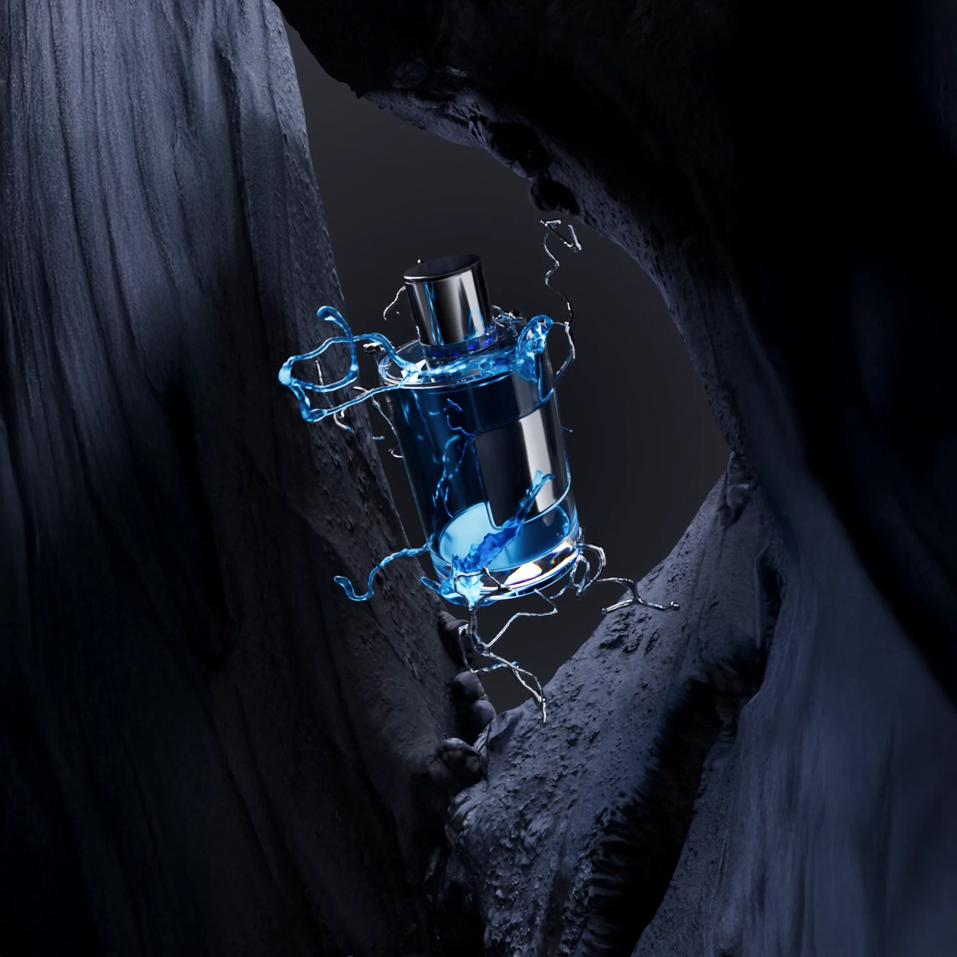 Stylized 3D product visual of a perfume bottle splashing through water, part of Marco Mori’s personal visual explorations in look development and animation
