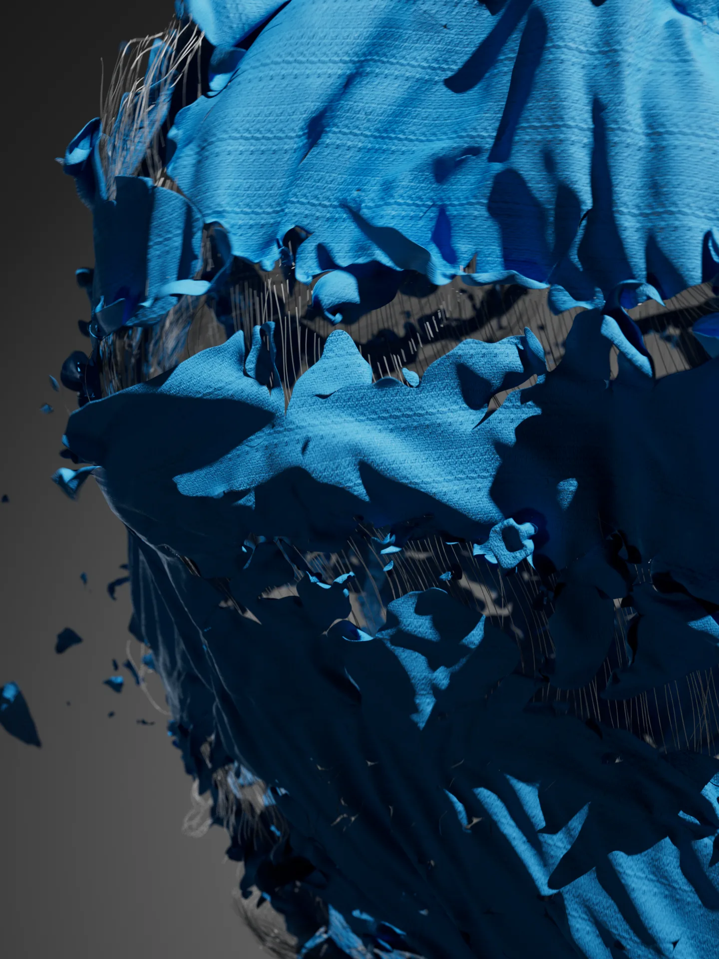 Abstract blue fabric explosion with thread-like structures, 3D simulation by Marco Mori