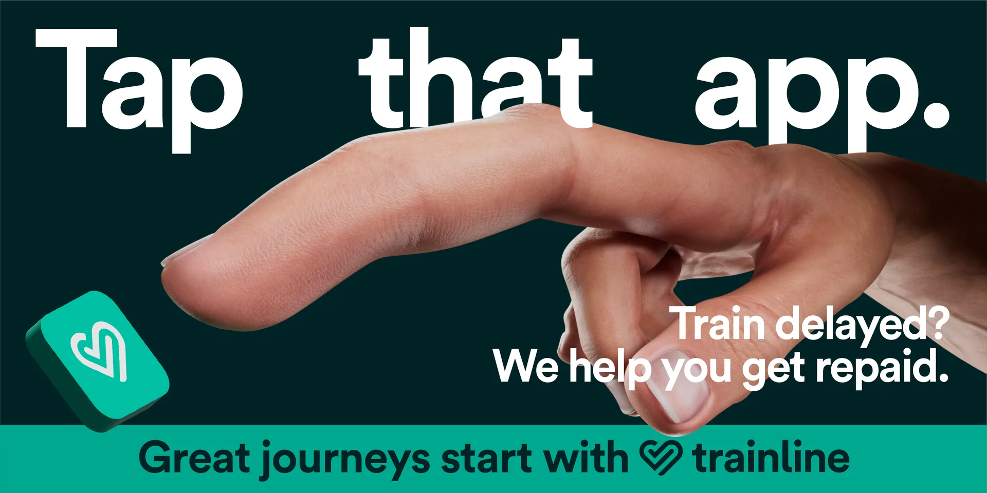 Trainline Tap that app key visual: a hyperreal 3D finger tapping a floating teal app button on a dark green background